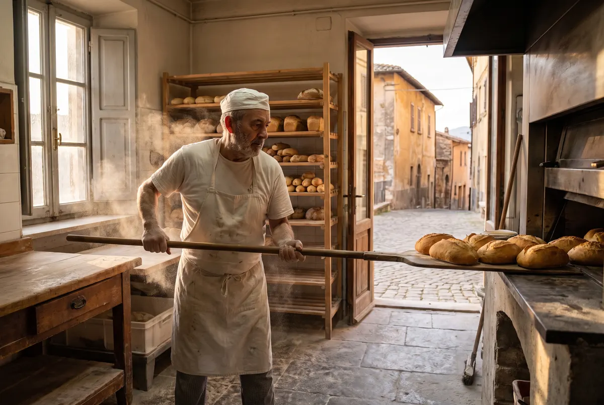 Un fornaio sforna il pane all'alba