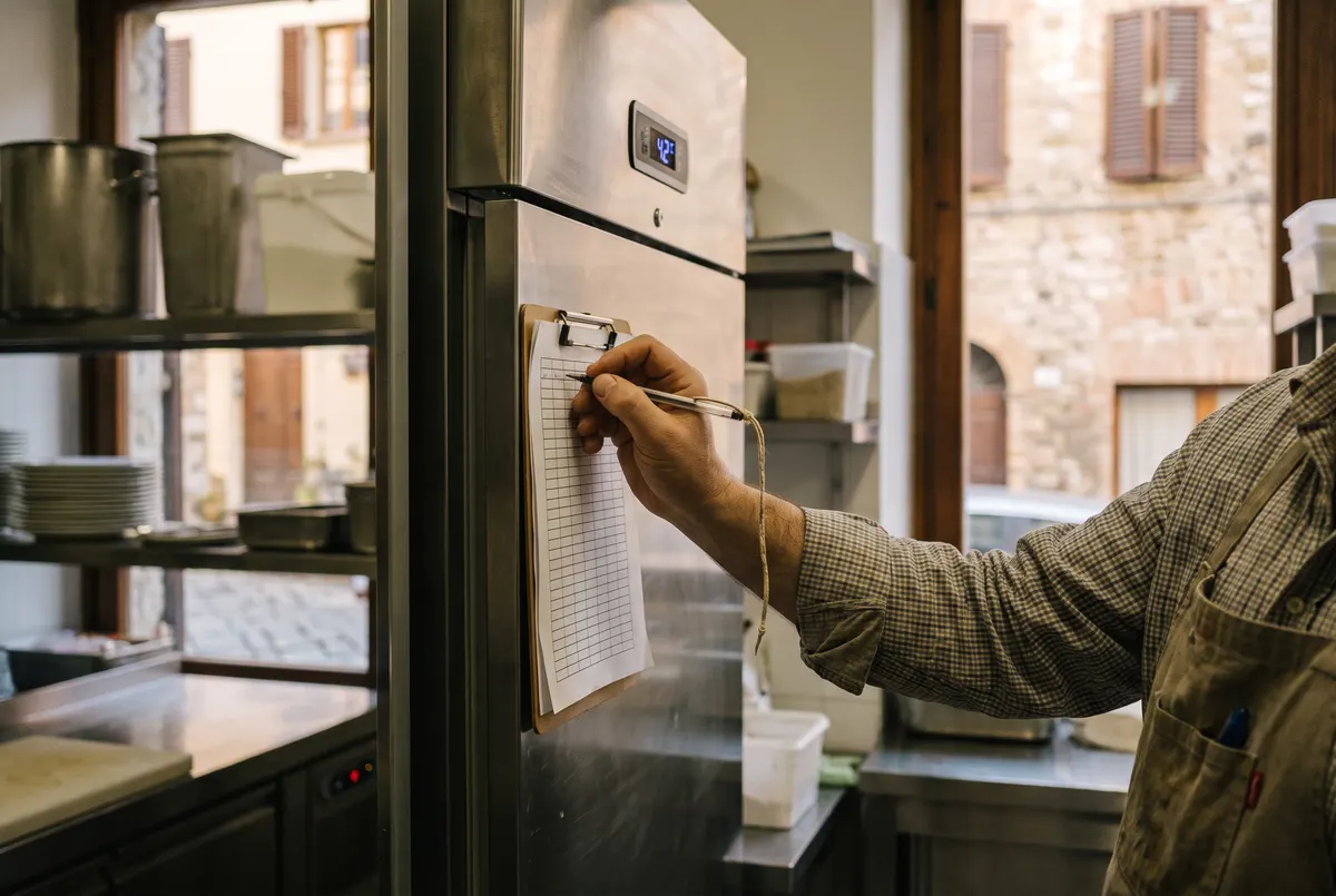 Registrazione della temperatura del frigorifero sulla scheda appesa accanto alla porta